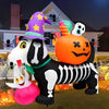A large inflatable Halloween skeleton dog with a pumpkin and LED lights standing outdoors.