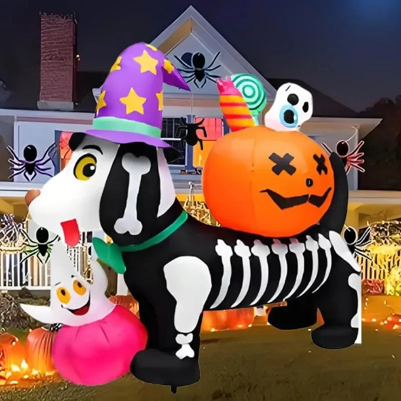 A large inflatable Halloween skeleton dog with a pumpkin and LED lights standing outdoors.