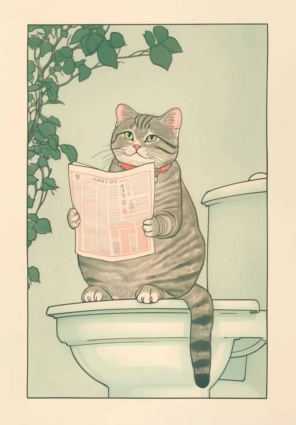A tabby cat sits on a toilet tank, holding a newspaper, against a light green background with ivy.