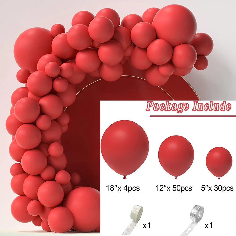 A red balloon garland arch kit featuring round red balloons and clear plastic connectors for decoration.