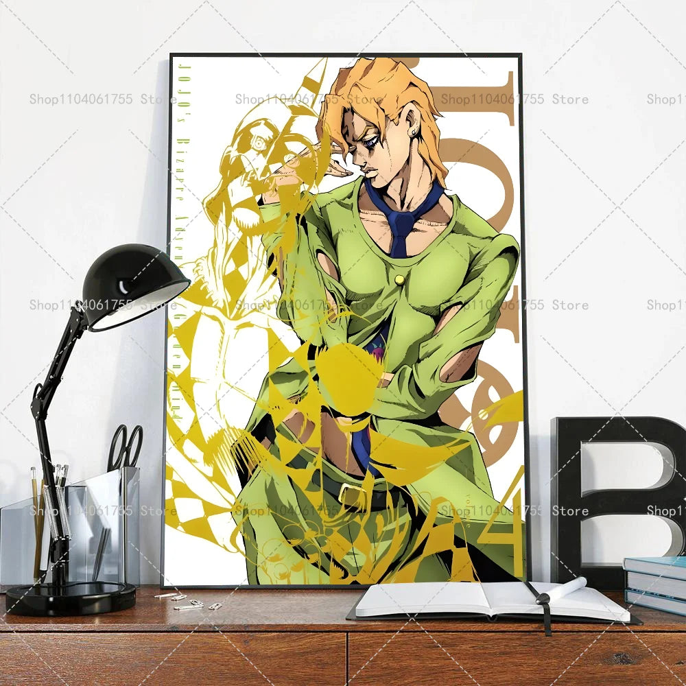 Anime poster featuring an angry blonde character in a green outfit against a yellow background.