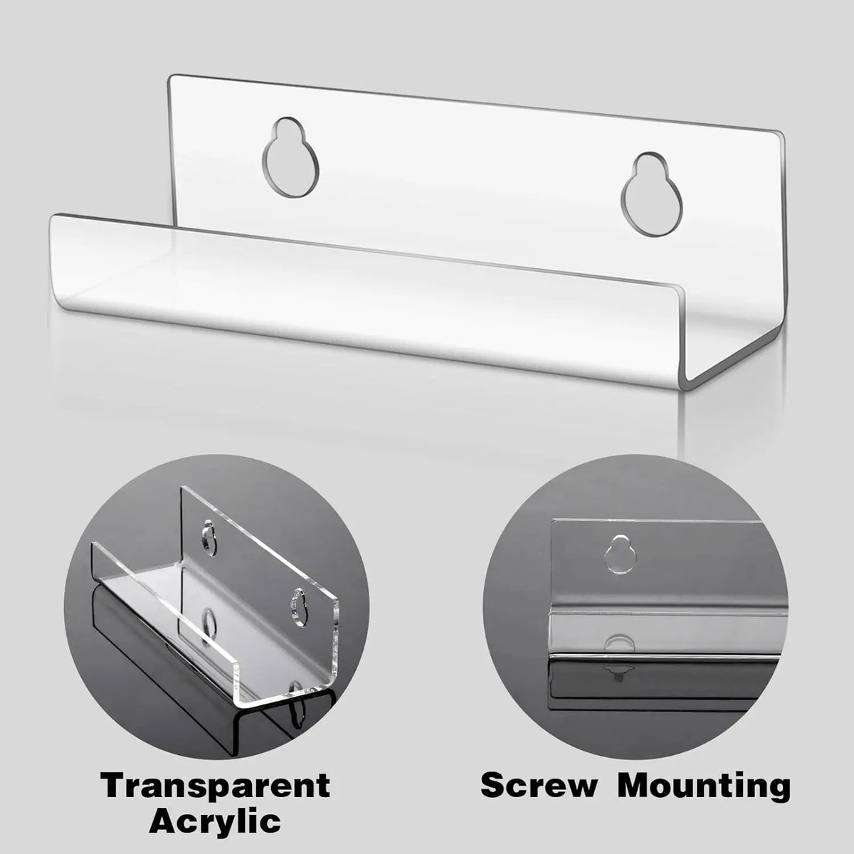 A set of clear acrylic floating shelves with screw mounting options for vinyl records and albums.