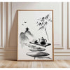 Frameless Japanese tree art canvas print featuring a silhouette of a mountain and bamboo against a light background