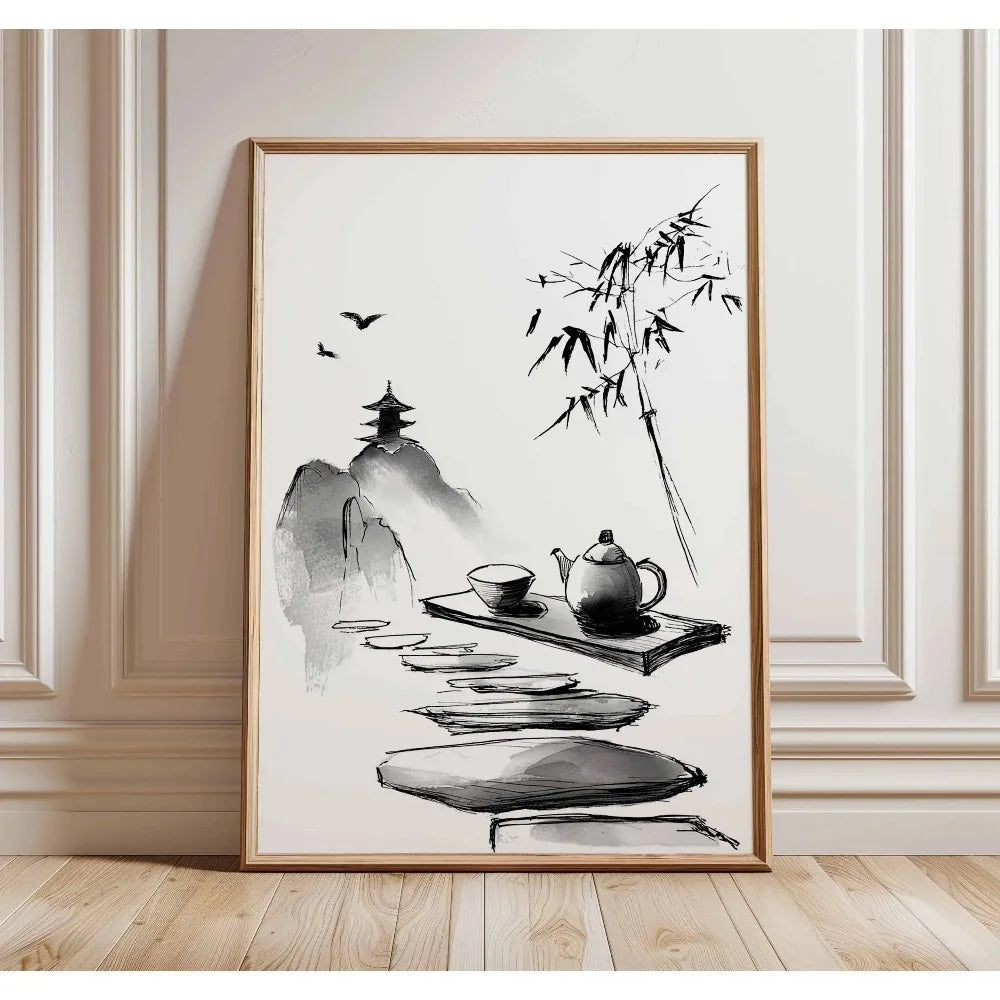 Frameless Japanese tree art canvas print featuring a silhouette of a mountain and bamboo against a light background