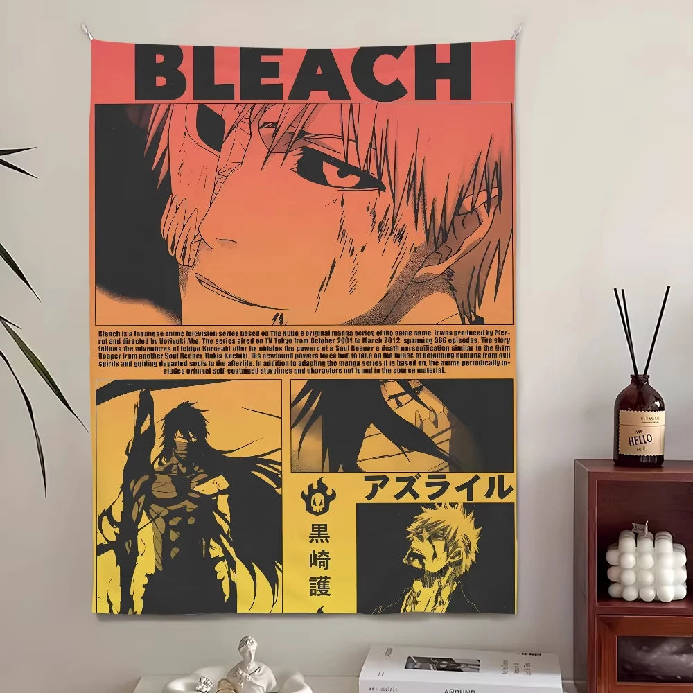 Poster mit Collage aus Manga-Kunst und Text mit dem Titel BLEACH in großen weißen Buchstaben
