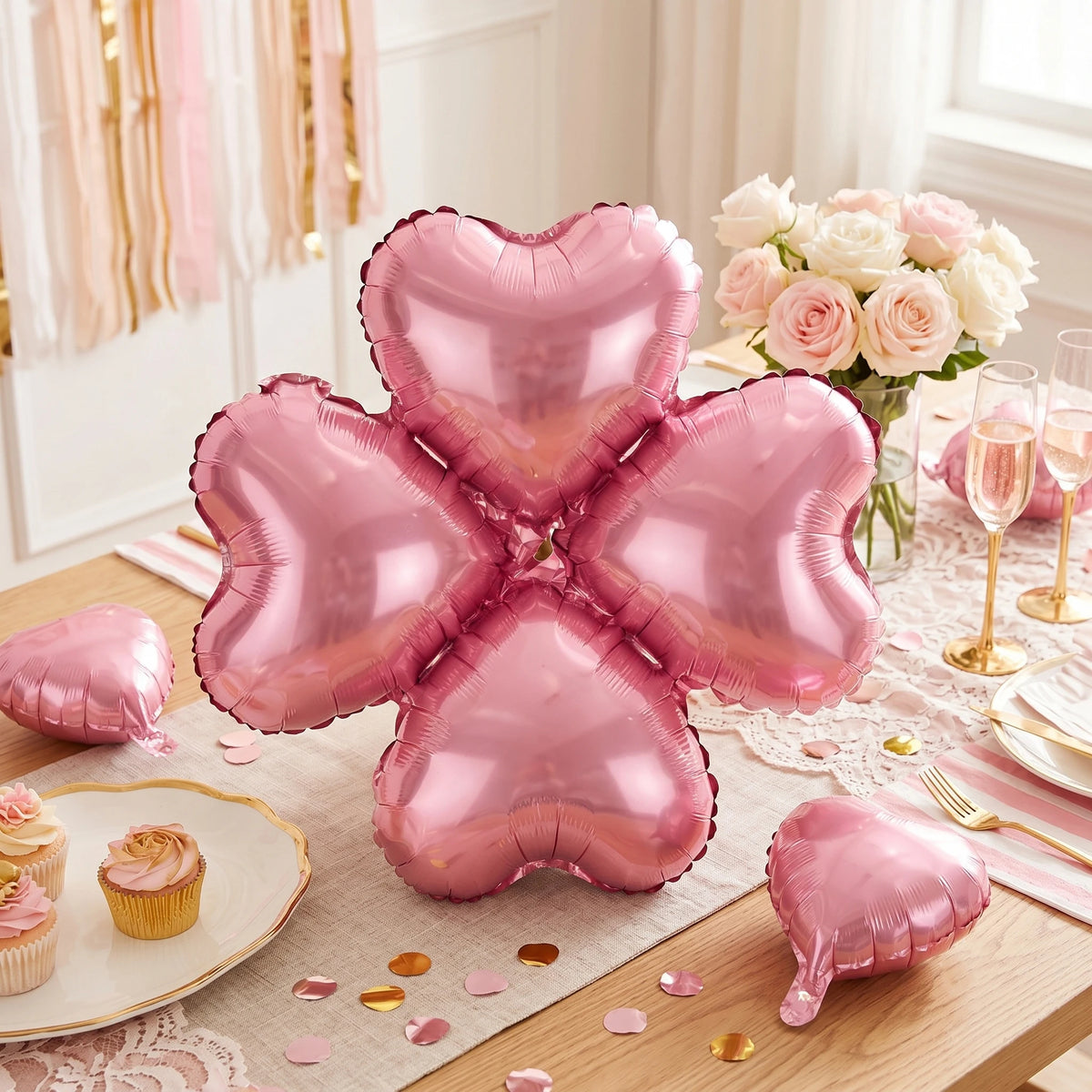 A set of ten pink heart-shaped foil balloons arranged on a wooden surface with floral decor.