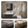 Close-up of a high-density glossy film structure covering a marble surface for waterproof and easy cleaning.