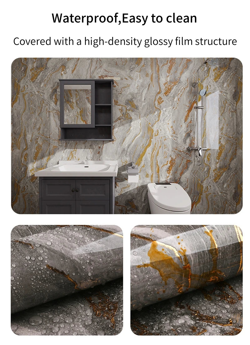 Close-up of a high-density glossy film structure covering a marble surface for waterproof and easy cleaning.