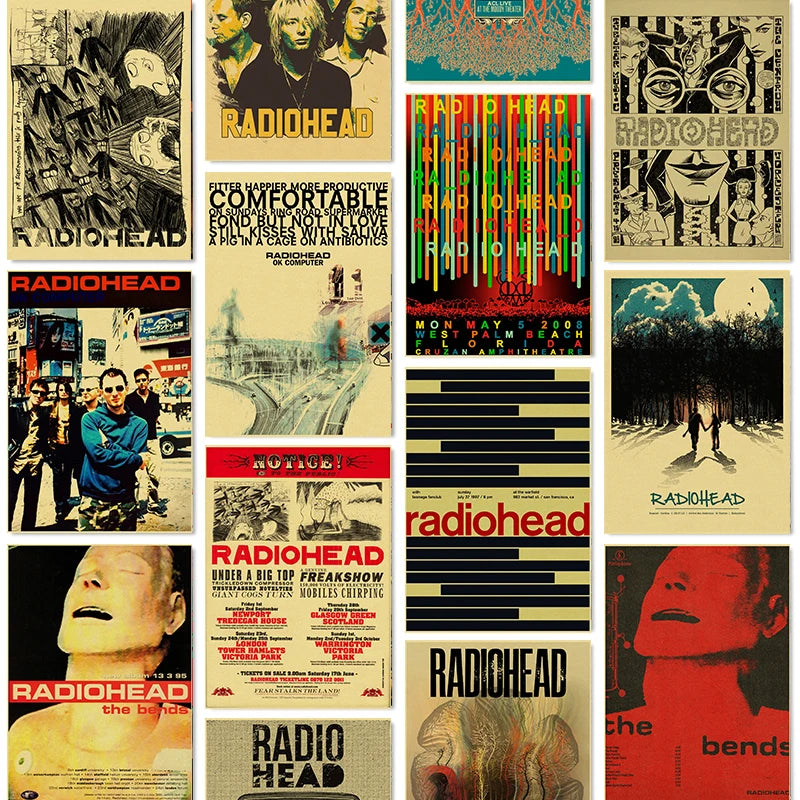 A collage of various Radiohead album art posters and covers featuring different band members and artwork.