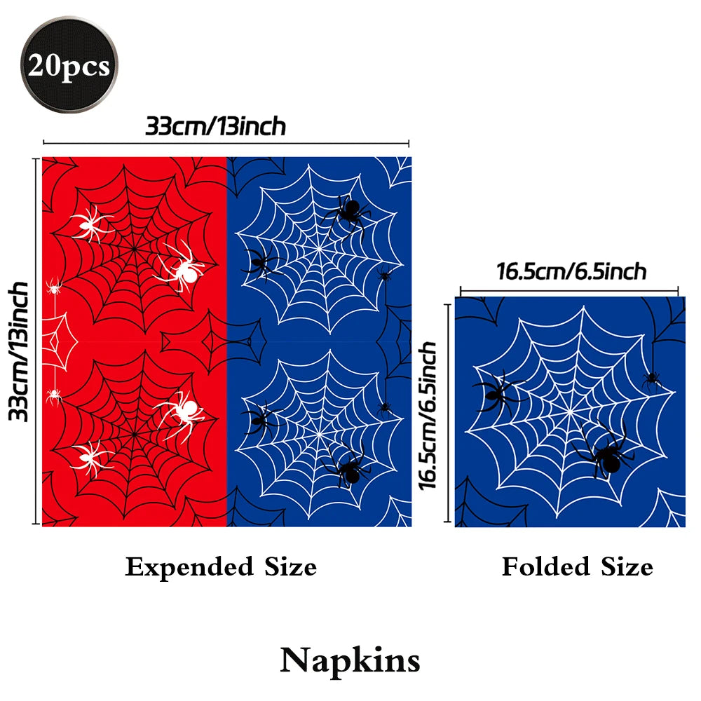 A set of two napkins featuring red and blue spider web designs, shown in expanded and folded sizes.