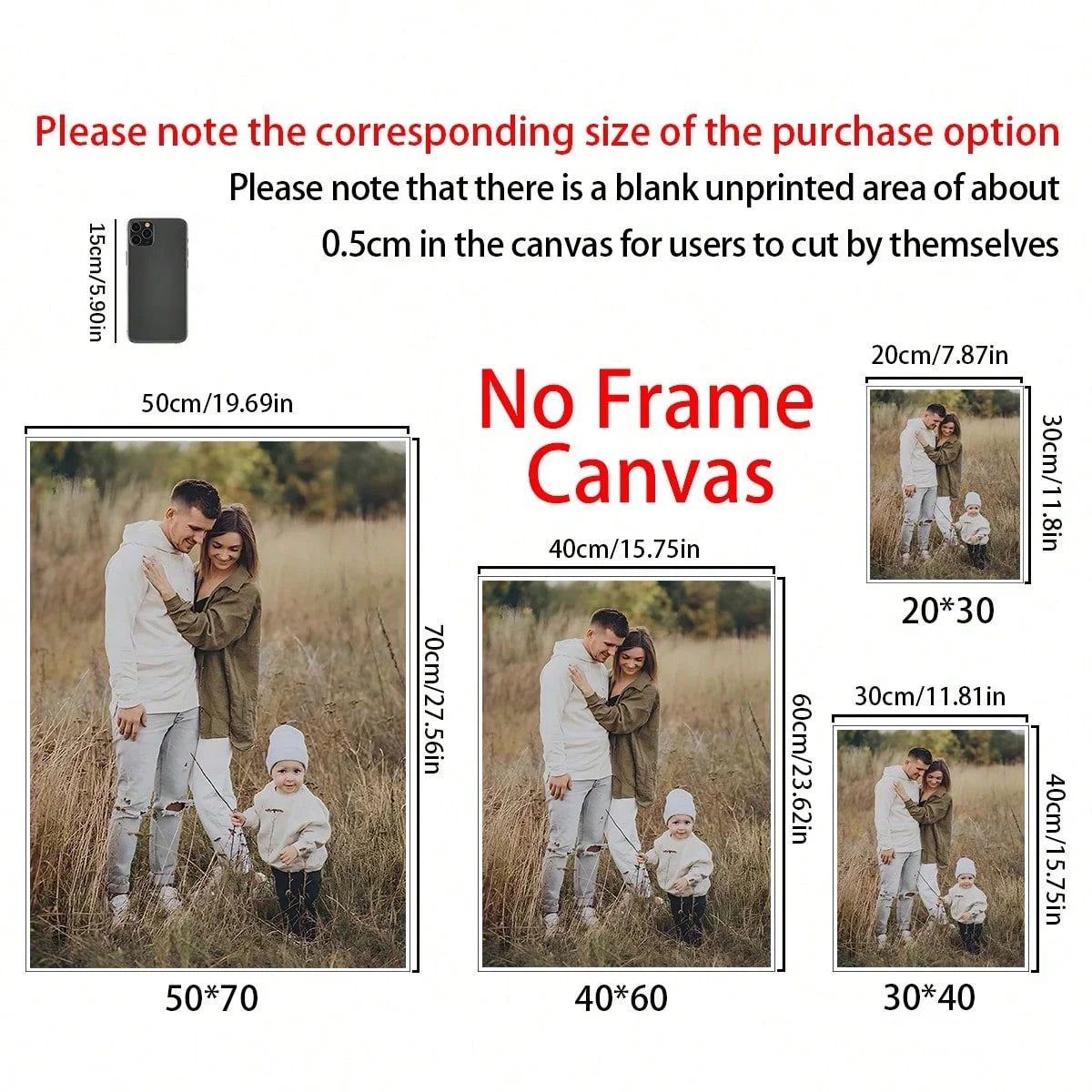 A set of blank canvases for custom photo wall art with various sizes including 50x70, 40x60, and 30x40.