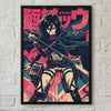 A poster featuring a dark-haired character in a cloak and armor against a vibrant pink and blue background.