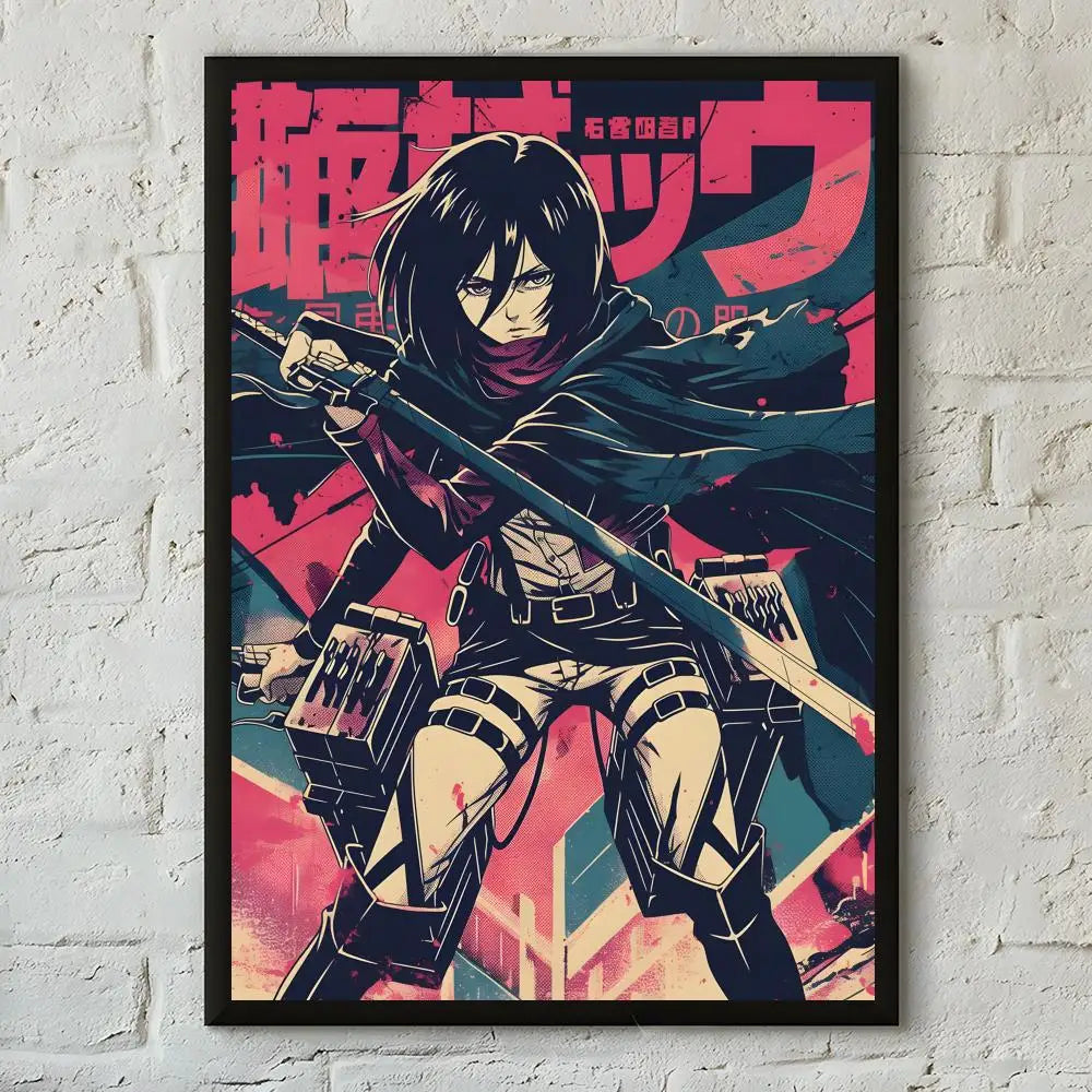 A poster featuring a dark-haired character in a cloak and armor against a vibrant pink and blue background.