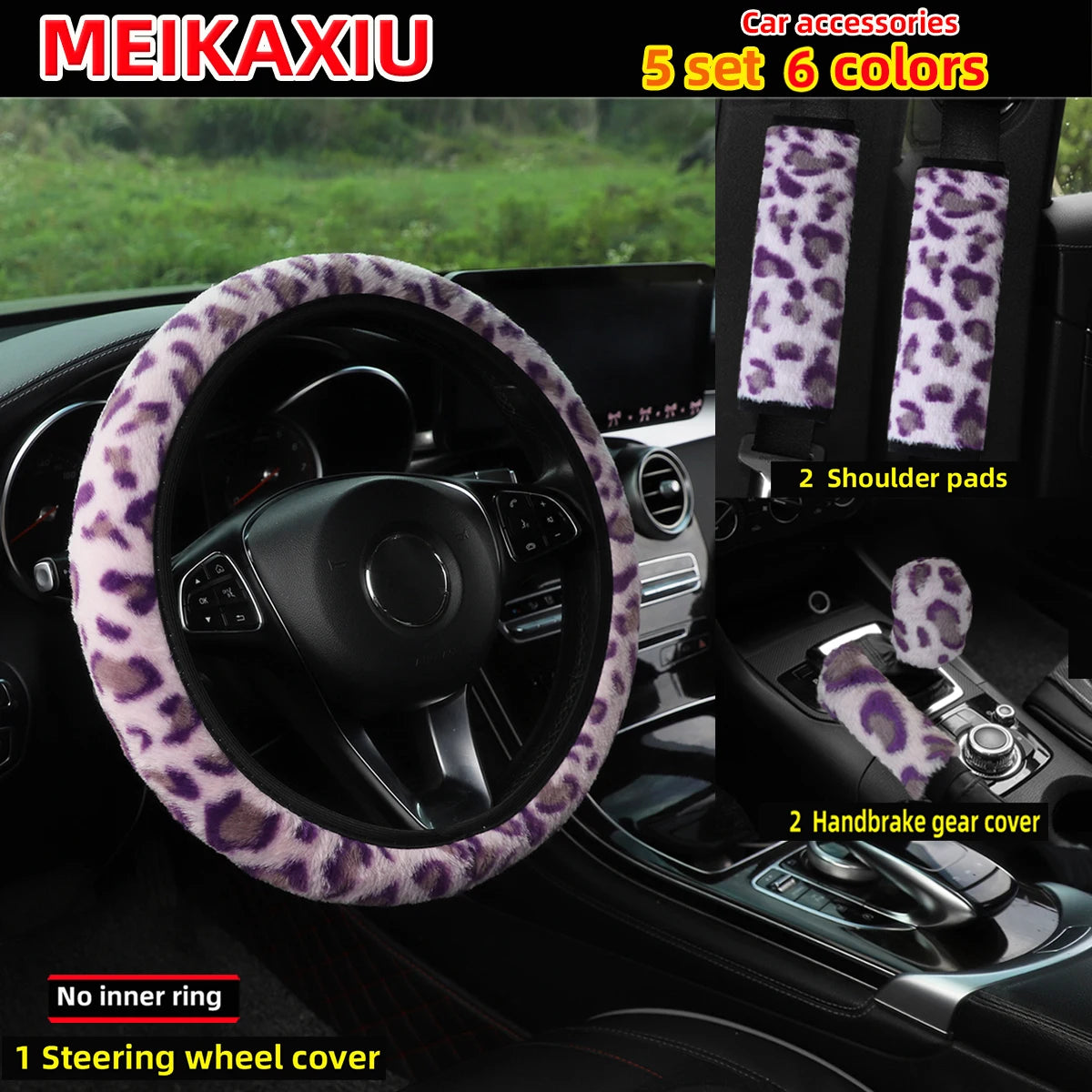 A set of five leopard print car accessories including a steering wheel cover, two shoulder pads, and a handbrake gear cover s