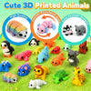 A collection of colorful 3D printed animal figurines, including a hedgehog, a turtle, and various other cute animals, display