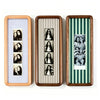 Three wooden photo strip frames with striped backgrounds displaying portraits of women.