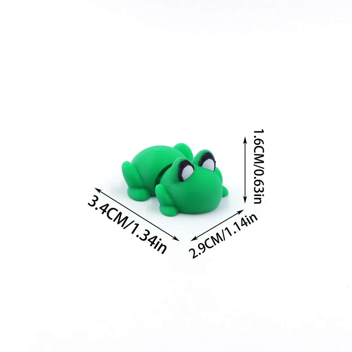 A bright green 3D printed cartoon animal figurine, likely a frog or similar creature, shown with dimensions.