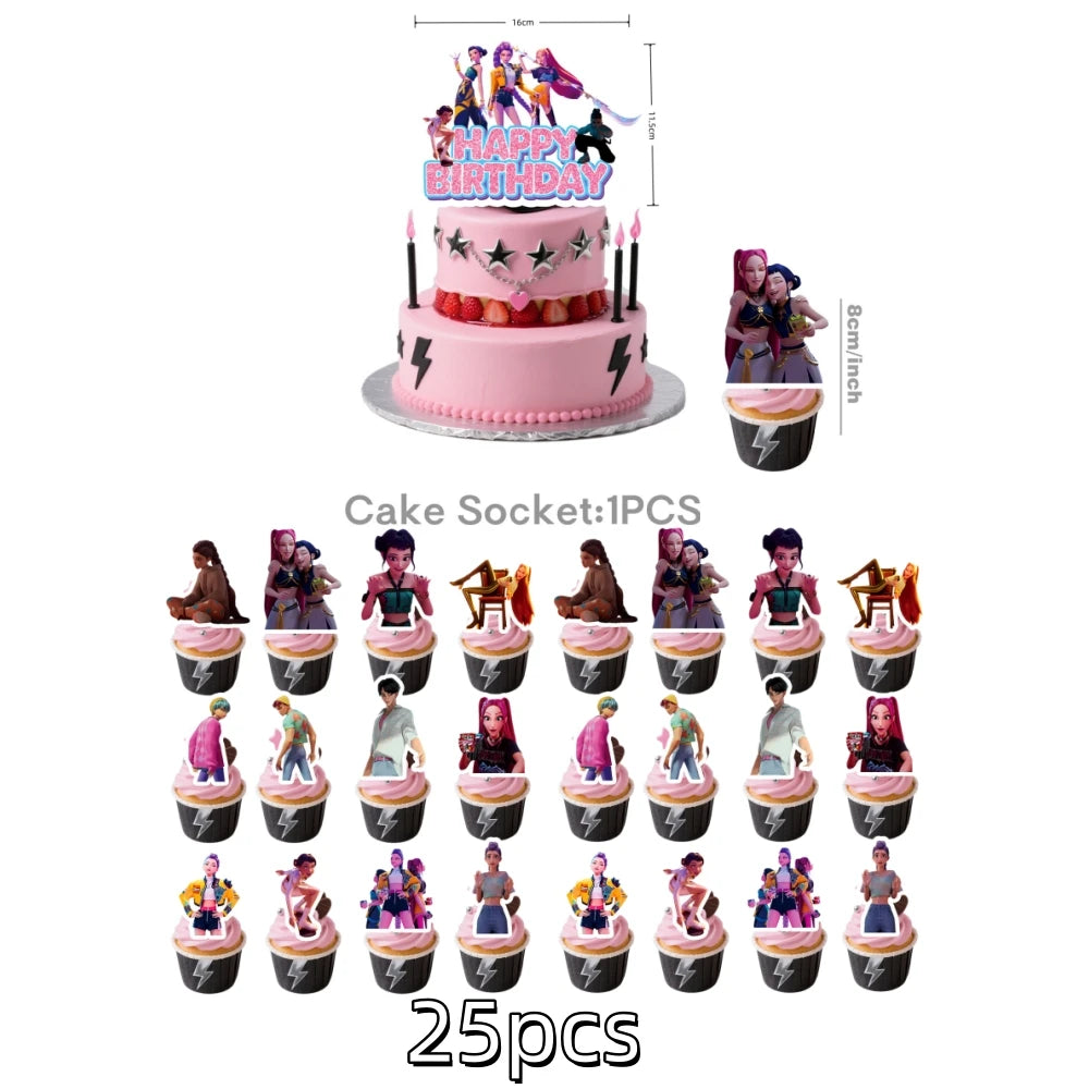 A set of 25 anime hunter girl cake toppers featuring various characters and designs.