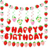 A decorative banner featuring strawberries, letters, and a cake topper for a birthday party.