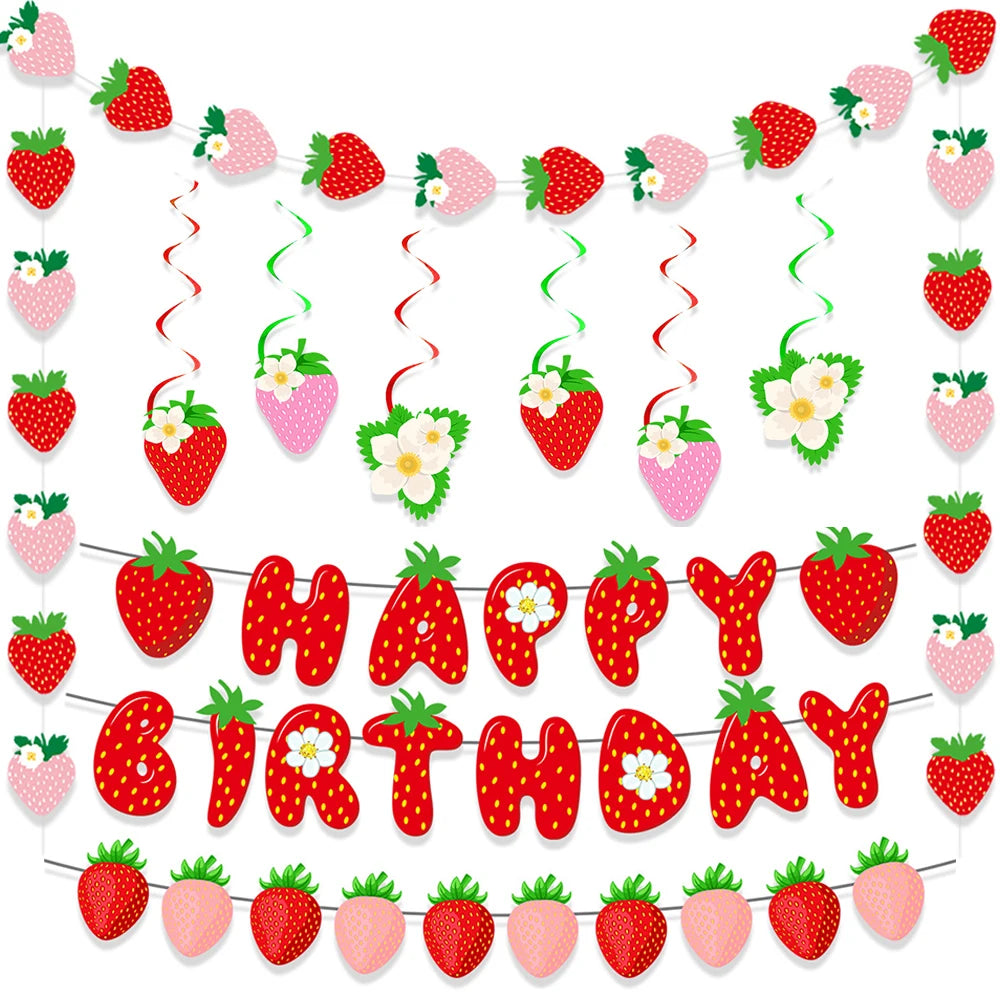 A decorative banner featuring strawberries, letters, and a cake topper for a birthday party.