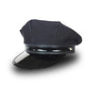 Black police officer costume hat with an octagonal crown and a shiny black brim