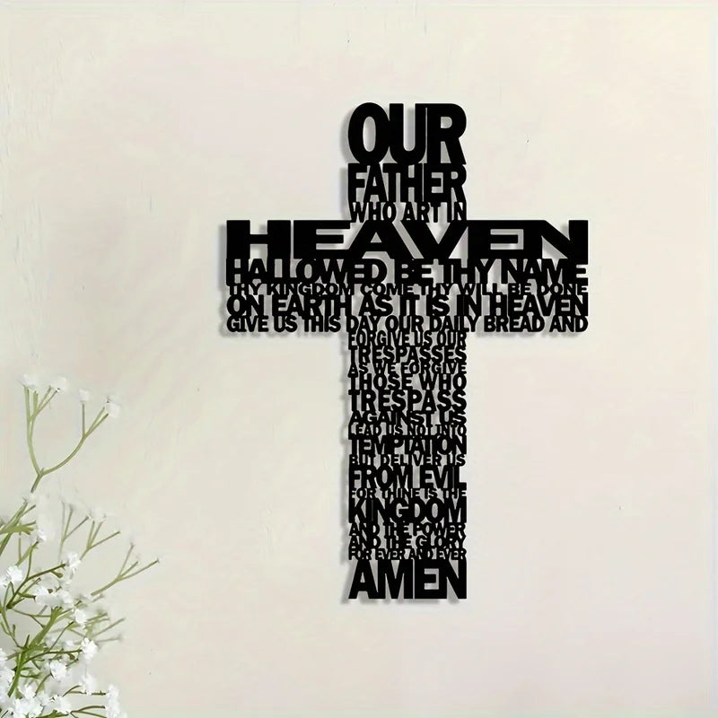 Black metal cross wall art featuring the text Our Father Who Art in Heaven and Amen