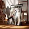 A framed canvas wall art print featuring a black and white photo of a boxing fighter with smoke effects.
