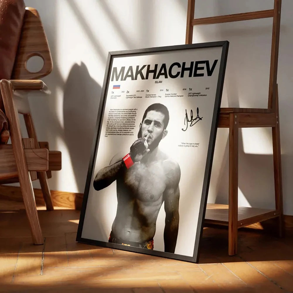 A framed canvas wall art print featuring a black and white photo of a boxing fighter with smoke effects.