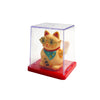 A solar-powered waving lucky cat figurine with yellow fur and gold-rimmed glasses displayed in a clear box.
