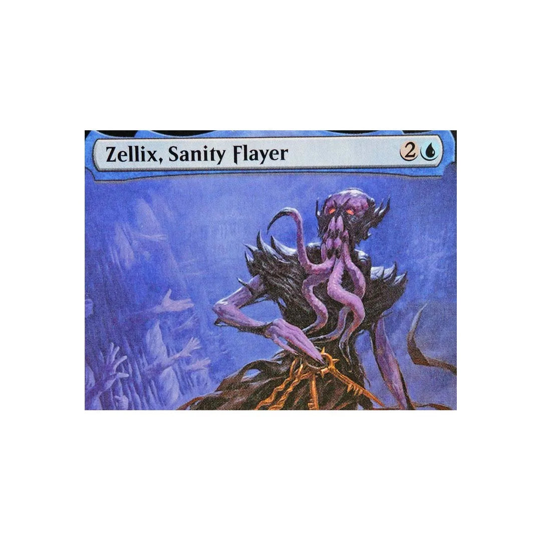 A Magic: The Gathering card featuring a purple, monstrous creature named Zellix, Sanity Flayer.