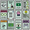 Una colección de doce pósteres motivacionales con temas como esfuerzo, dinero, riesgo y éxito.