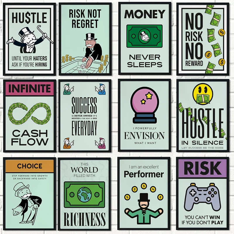 Una colección de doce pósteres motivacionales con temas como esfuerzo, dinero, riesgo y éxito.