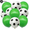 A pack of ten black and white soccer ball shaped latex balloons for party decorations.