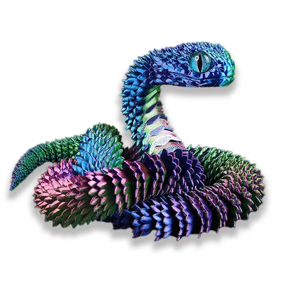 A vibrant blue and green 3D printed articulated snake fidget toy with textured scales.