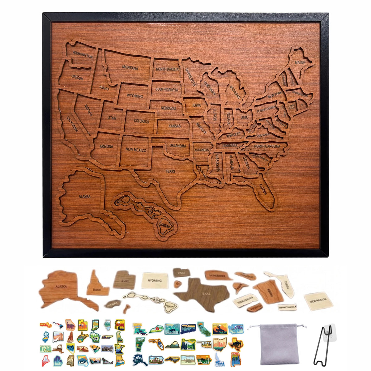 Holzpuzzle der USA-Karte mit interaktiven Aufklebern und kleinen Holzkomponenten