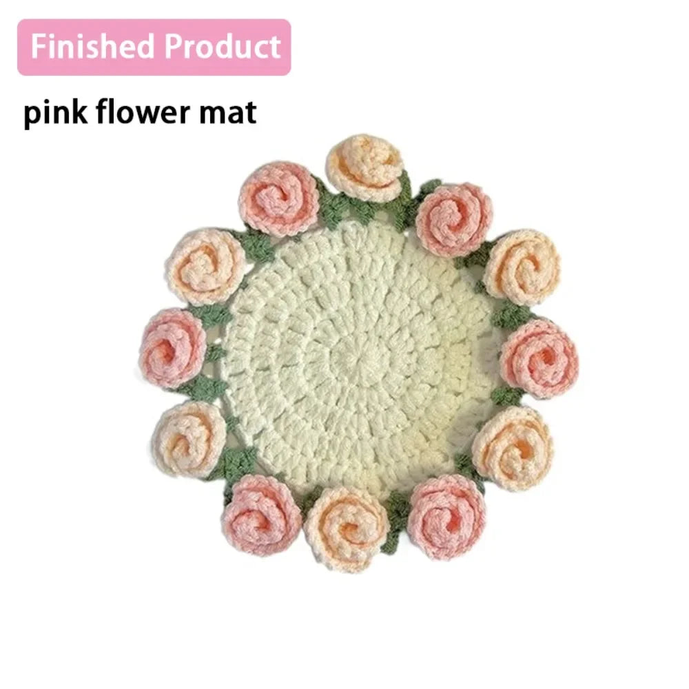 Finished pink flower mat featuring a bouquet of hand-crocheted roses.