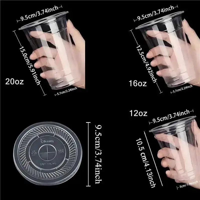 A set of clear disposable plastic cups with lids shown in various sizes being held by a hand.