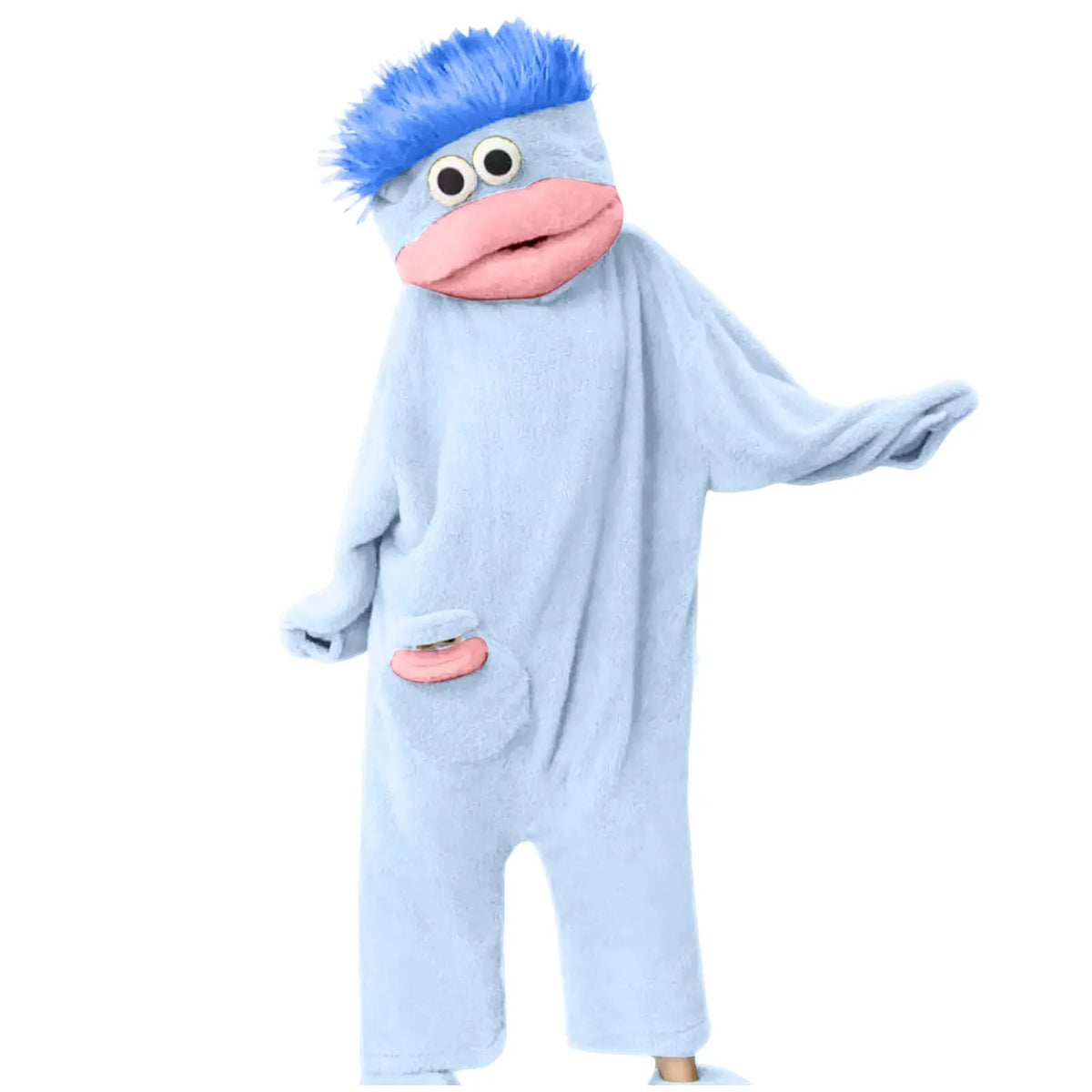 A light blue plush monster loungewear romper with blue hair and a pink mouth detail.