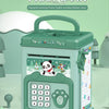 A green electronic ATM piggy bank with a fingerprint lock and a keypad for children's use.