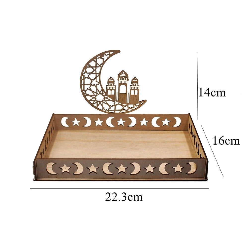 Bandeja de Eid Mubarak de madera con silueta de luna creciente y estrellas decorativas