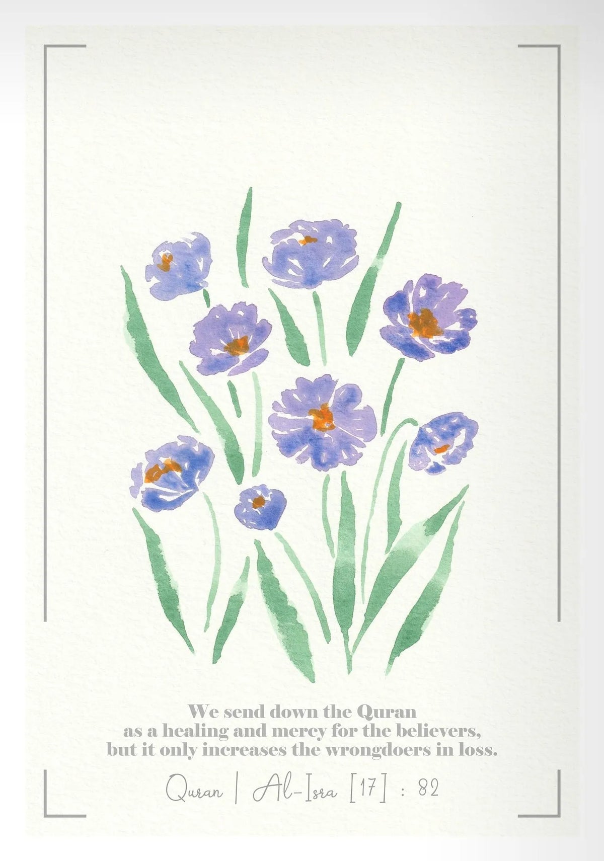 Watercolor illustration of purple and blue flowers with green stems on a light background.