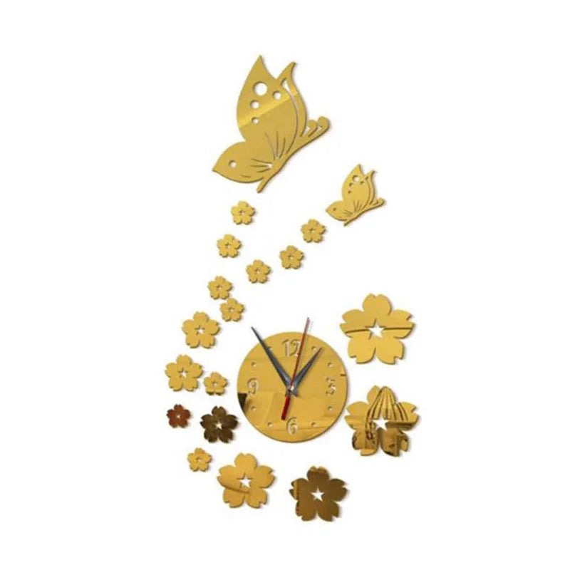 Modern acrylic mirror wall clock featuring a butterfly and floral design in gold.