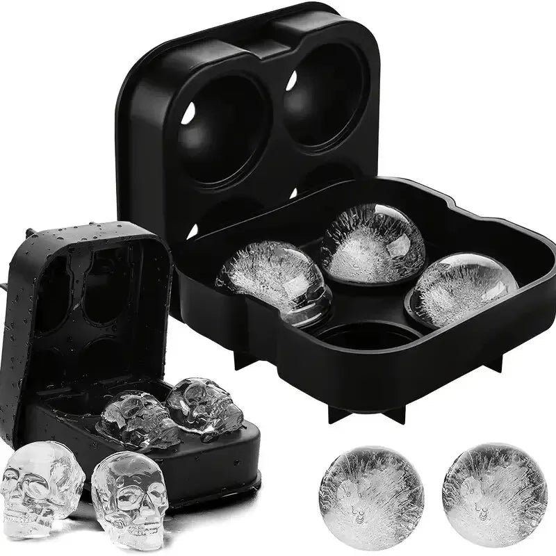 Black silicone mold set containing various skull, sphere, and diamond ice shapes for crafting
