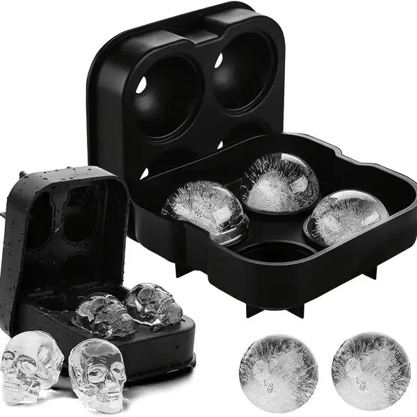 Black silicone mold set containing various skull, sphere, and diamond ice shapes for crafting