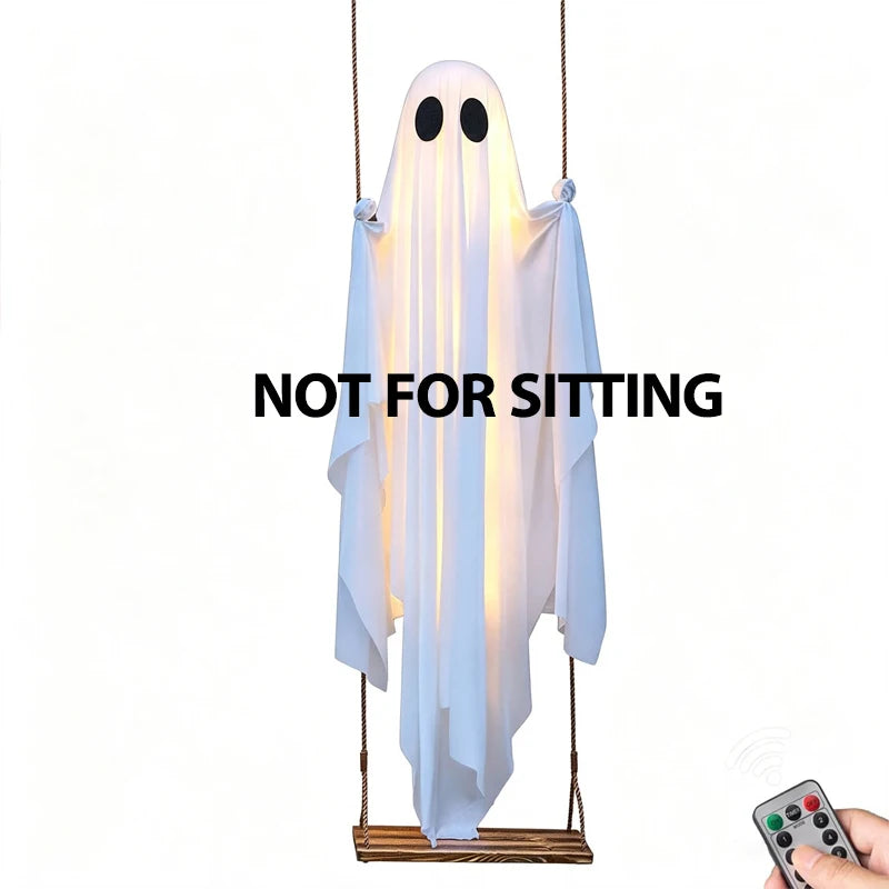 A white glowing ghost decoration hangs from a stand, with the text NOT FOR SITTING visible.
