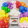 A colorful balloon garland arch kit featuring purple, pink, orange, and yellow balloons for party decorations.