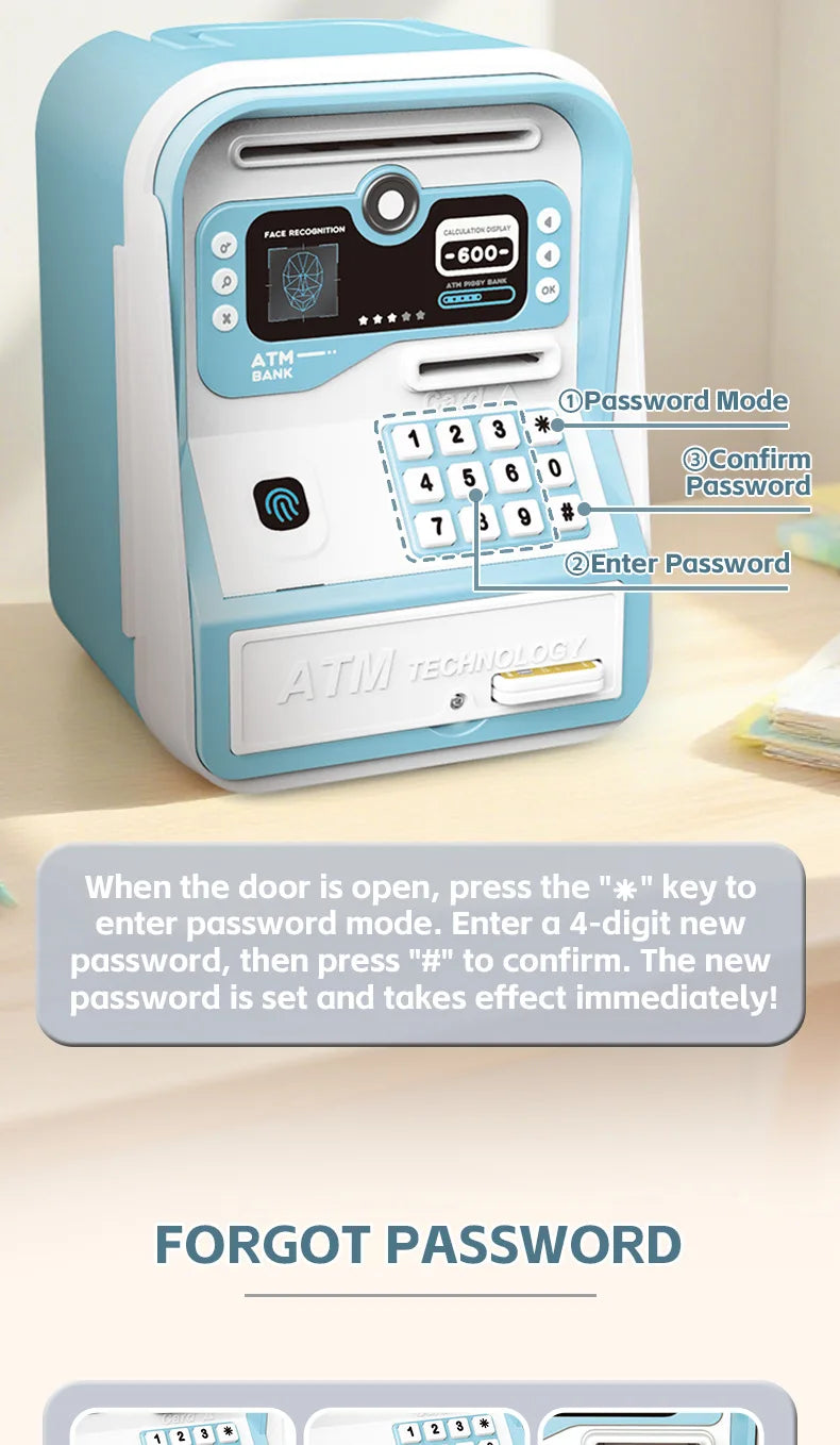 Piggy bank bleu clair pour enfants avec clavier et écran de banque pour apprendre et épargner.