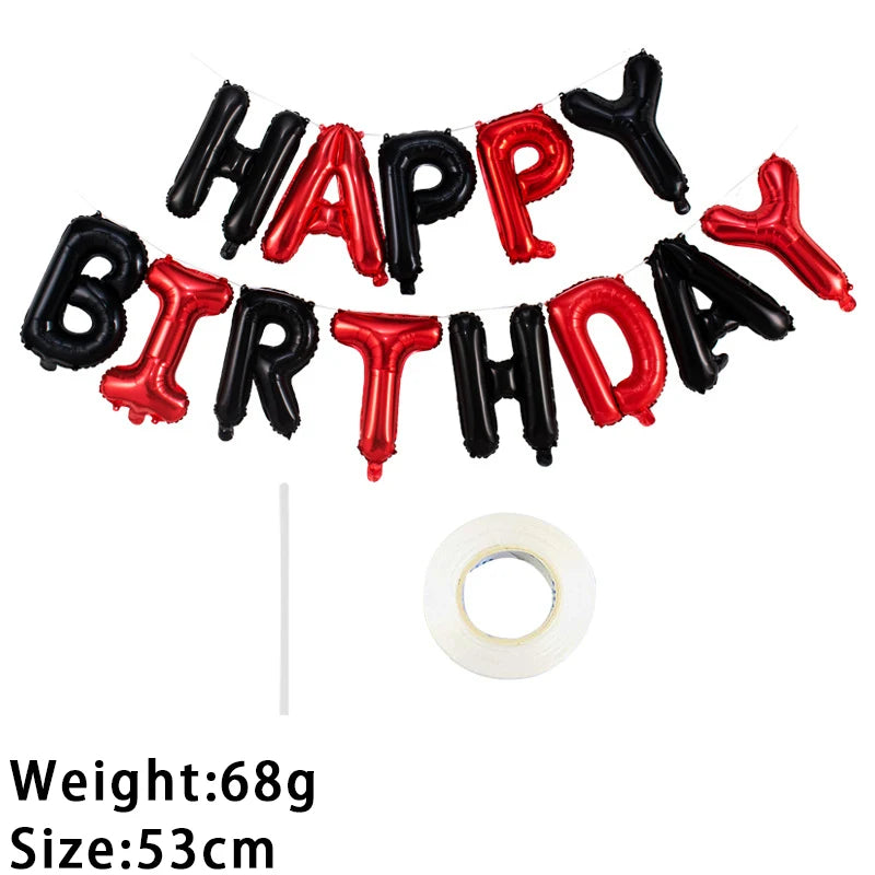 A string of 13 foil letter balloons spelling out HAPPY BIRTHDAY in black and red colors.