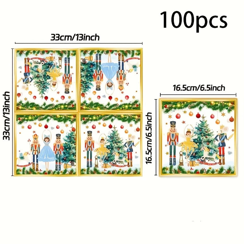 Set of 100 watercolor paper napkins featuring Christmas nutcracker designs and festive holiday scenes.