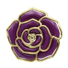 A gold-toned, purple rose-shaped foldable handbag hook for tables and desks.